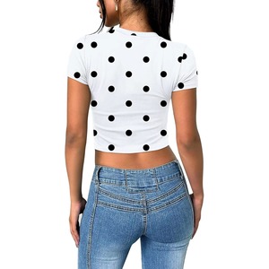 Camiseta corta transpirable de mujer con estampado de lunares, camiseta de punto de manga corta, elástica, transpirable, informal, top de verano, camisetas con lunares - Product Image 3