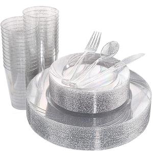 Assiettes à dîner jetables à paillettes argentées en plastique dur sans BPA à motif élégant 300 pièces-10.25 \ "7.5 \" pour les fêtes de mariage - Product Image 1
