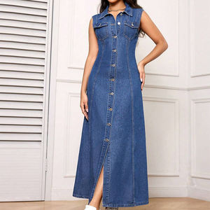 Chemise en Jean Décontractée Longue Bodycon pour <span class=keywords><strong>Femme</strong></span>, Nouveau Modèle à Boutons, <span class=keywords><strong>sans</strong></span> Manches, Ajustée Simple, Été Délavé - Product Image 1