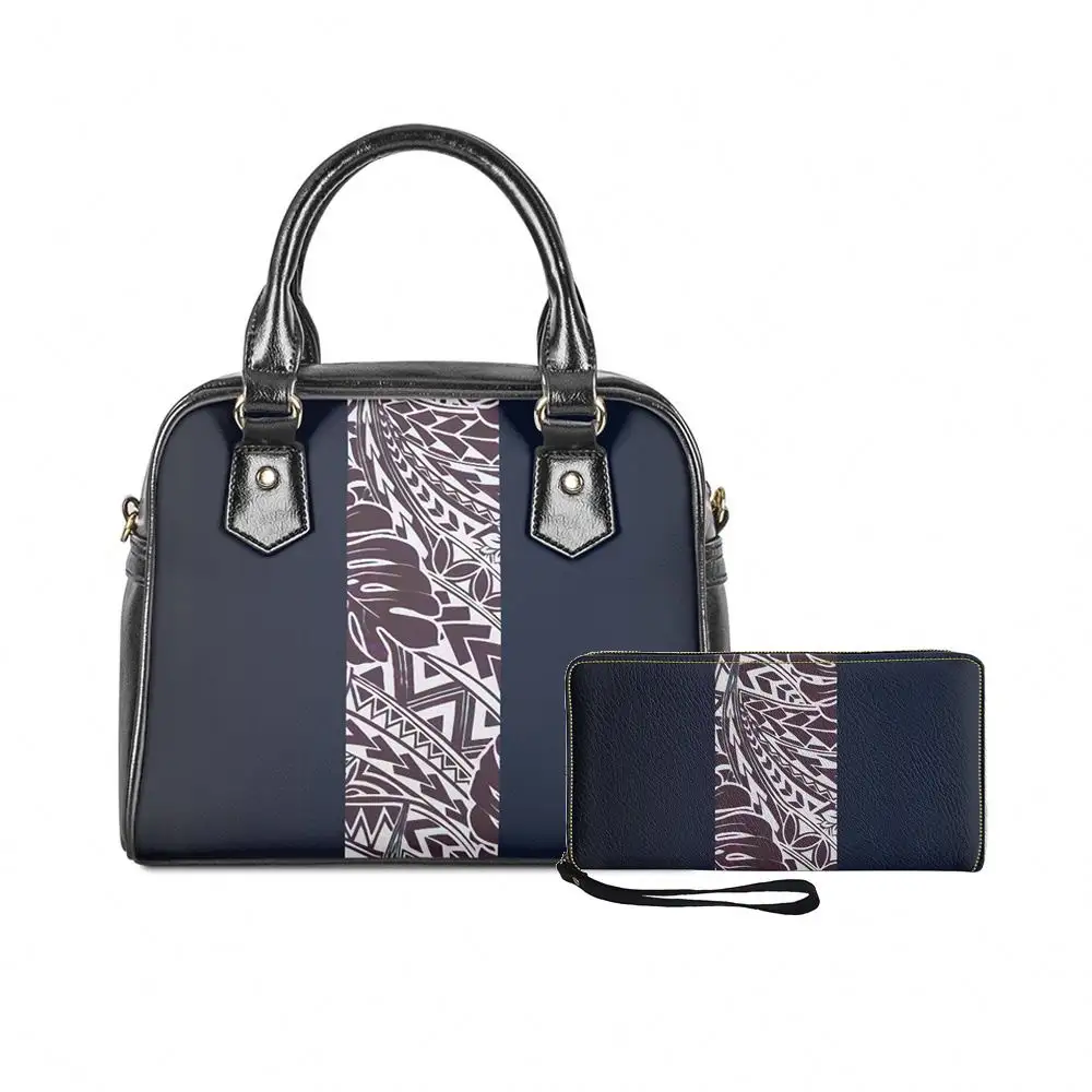 Conjunto de bolsos de mano para mujer, bolsa de mano con estampado de hojas de monstruo negro, Tribal, polinesiano, 2 piezas