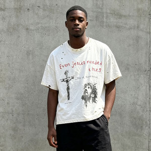 T-shirt d'été pour homme blanc 100 % coton à manches courtes, coupe oversize, imprimé graphique DTG, effet délavé et vieilli, style boxy, hip-hop, écoresponsable - Product Image 3