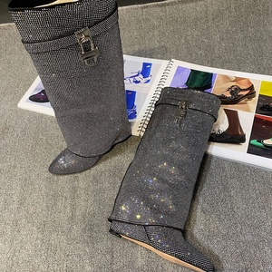 Full Diamonds Luxury Boots Soft Shiny Overlay Slip-on Wedge Heel <b>Shoes</b> Women's Metal Lock Knee High Boots - Product Image 6