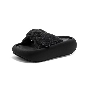 Sandalias de Plataforma con Lazo de Pedrería Negra, Punta Abierta, Tacón Plano, Suela de Goma Acolchada, Sandalias de Verano para Mujer - Product Image 4