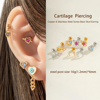 Hengsen Boucles d'oreilles en acier inoxydable pour tragus, avec pendentifs cœur et lune en zircon cubique coloré, clous à bille pour cartilage et piercing hélix