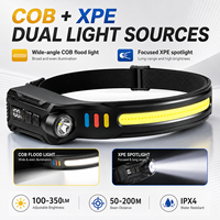 Lampe frontale rechargeable COB XPE LED avec capteur de mouvement, affichage numérique de la puissance, type C, résistante à l'eau, 350 lumens, double source de lumière