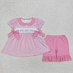 Ensemble de vêtements d'été pour filles, haut tunique à carreaux brodés avec nœuds et short rose - Product Image 1