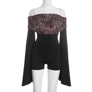 Combinaison femme Viviblook J25RP468, imprimé léopard, plissée, une pièce, col épaules dénudées, manches évasées - Product Image 3