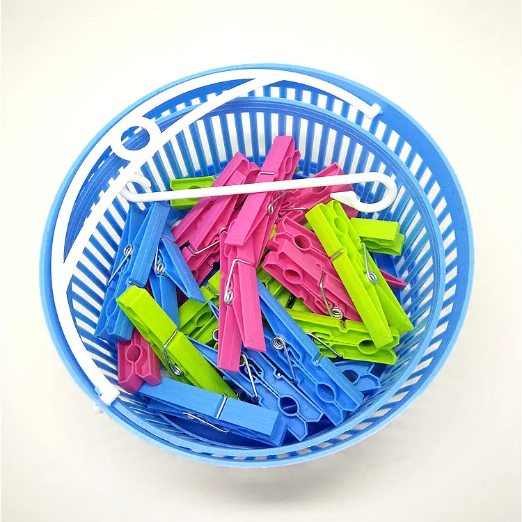 Cesta de clavija plegable de plástico con forma redonda, cesta de clavija de lavandería de plástico colorida