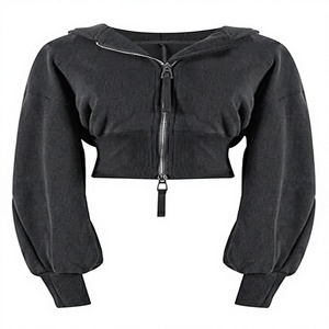 Sweat-shirt unisexe décontracté noir à capuche avec manches lanternes et fermeture éclair sur le devant, en molleton tricoté couleur unie, coupe ajustée, idéal pour l'automne - Product Image 1