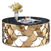 Mesa de Centro Redonda de Acero y Vidrio de Lujo Personalizada con Diseño de Escamas de Pescado, Acero Inoxidable y Mármol para Combinación en Sala de Estar
