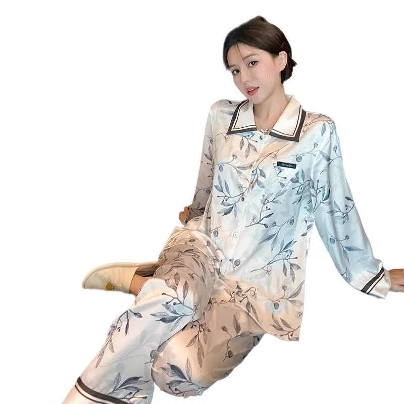 Autumn new design women's silk pajamas Chinese style ink bamboo printed long sleeve sleepwear cardigan home wear two-piece set