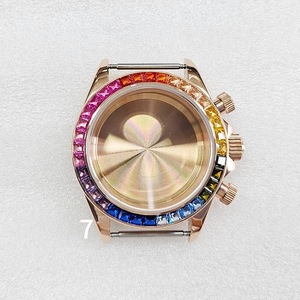 Boîtier en acier inoxydable PVD noir de 39 mm compatible avec le mouvement VK63 avec lunette en pierres arc-en-ciel - Product Image 4