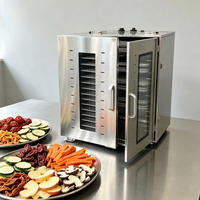 Verticale roestvrijstalen voedseldroger met meerdere lagen, voor fruit, groenten, kruiden en snacks.