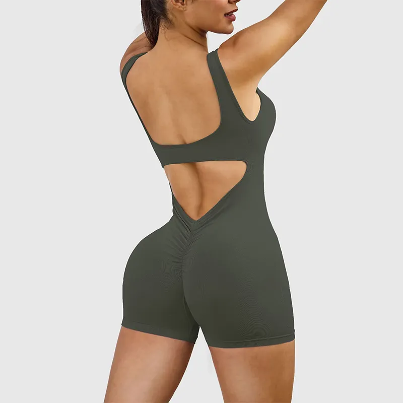 Baju Jumpsuit Gym satu potong untuk wanita seksi berlubang punggung kerut bokong Pakaian aktif Yoga Jumpsuit