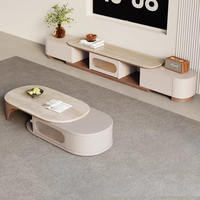 Ensemble de meuble TV moderne de luxe en marbre et bois et table basse ovale pour salon, design multifonctionnel en acier inoxydable