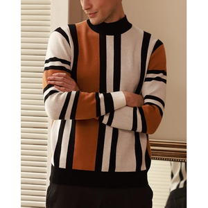 เสื้อสเวตเตอร์คอเต่าลายทางสำหรับผู้ชาย เสื้อถักไหมพรมอุ่นสบาย สไตล์ลำลอง แฟชั่นฤดูใบไม้ร่วง แขนยาว ผ้าขนสัตว์บาง - Product Image 3