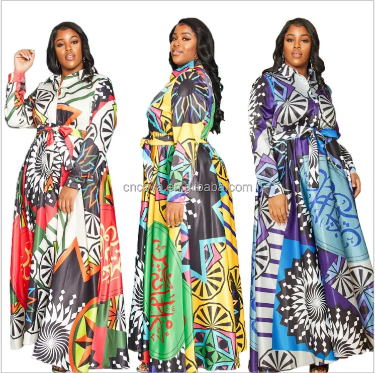 Großhandels preis große Größe Afrika Frauen Herbst Digitaldruck Langarm anmutig unteren Saum langes Kleid