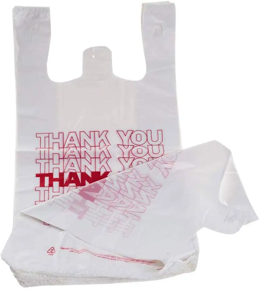 Saco de compras branco impresso personalizado, colete transportador de camiseta de plástico para loja de mercearia