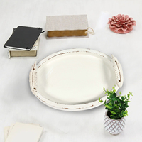 Prix usine organisateur assiette de fruits faite à la main plateau décoratif en bois ovale blanc plateau de service en bois rustique avec poignées en métal
