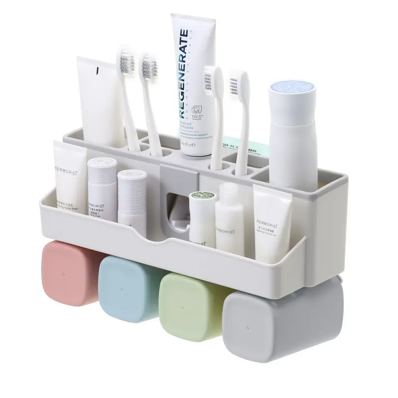 Duvara monte banyo sabunluk akıllı diş fırçası tutucu otomatik diş macunu dağıtıcı diş fincan