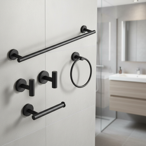 Ensemble d'accessoires de salle de bain minimaliste noir mat avec barre porte-serviettes, crochets et anneau porte-serviettes à vendre - Product Image 1