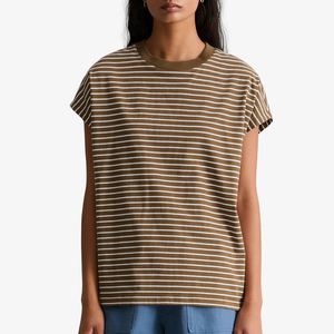 T-shirt classique rayé pour femme en coton tricoté écologique, manches courtes, coupe classique, décontracté et intemporel pour le quotidien - Product Image 2