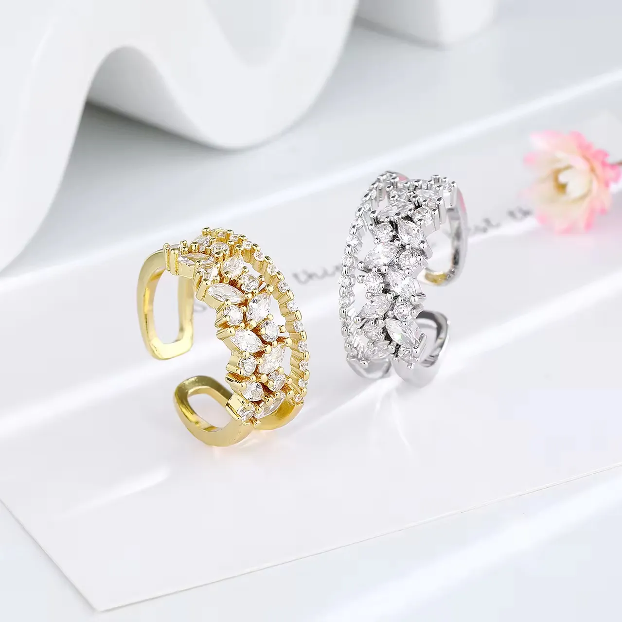 High grade micro inlaid ring female internet celebrity design versatile cool and cool style double layered open index ring