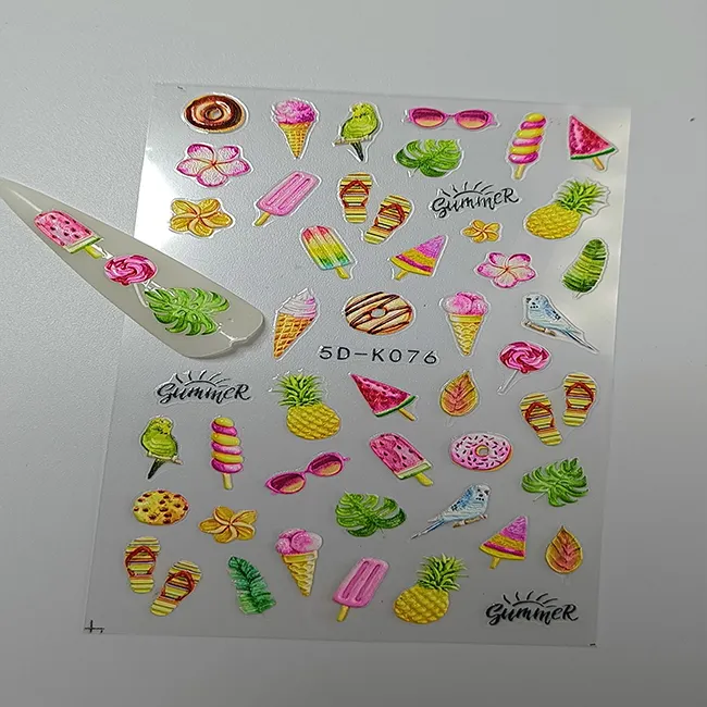 Hot Sale Nail Art Sticker DIY Decals Wrap Embossed summer fruit leaves cold drink Decals Empaistic nail 5D stickers