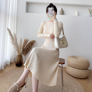 FNJIA <span class=keywords><strong>robe</strong></span> d'hiver mince mi-longue pour femmes couleur unie Style décontracté mode européenne américaine avec manches <span class=keywords><strong>pull</strong></span> en tricot de coton - Product Image 1