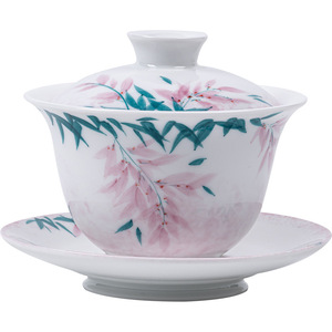 Guanlan Hand Painted Wisteria Flower Gaiwan <b>Teacup</b> Three Piece Set White Porcelain Heat Resistant Tea Bowl With Lid - Product Image 5