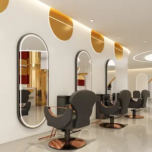 Estação de espelho de salão de beleza de comprimento total, móveis para salão de cabeleireiro, estação de barbeiro, espelho dourado para salão de beleza com luz
