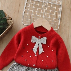 Pull en nylon pour filles avec petit motif floral, paillettes brillantes, nœud, cardigan tricoté pour l'automne et l'hiver - Product Image 6