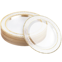 Assiettes en plastique transparentes avec ensemble de couverts dorés martelés pour mariages et fêtes, robustes