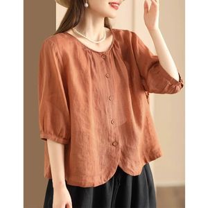 Women's Green Linen Shirt Loose Round Neck Button Front Summer Blouse Casual Everyday Wear - Product Image 2