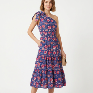 Robe midi asymétrique en coton tissé à imprimé floral, style bohème décontracté, coupe trapèze sans manches avec poches - Product Image 1