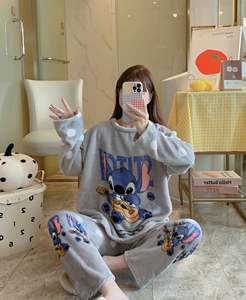 Ensemble de pyjamas pour femmes, automne-hiver, mignon, dessin animé, vêtements décontractés pour la maison, col rond, vêtements de nuit, motif uni, pyjama - Product Image 4