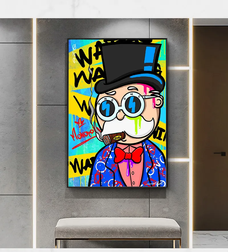 Monopoly Graffiti Old Man Smoking Canvas Painting Poster and Prints Wall Art for Kids Living Room Home Decoration Modern 6 Color