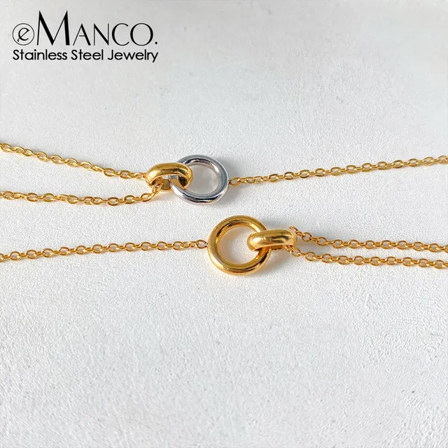 EManco Elegant 14K Gold-Tone Double Ring Clasp Stainless Steel Charm Women's Classic Gift Bracelet
