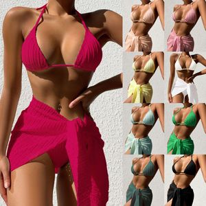 2026 New Foreign Trade Swimsuit European American Style Backless Sexy Solid Color <b>Bikini</b> Mesh Skirt Three-<b>Piece</b> Set - Product Image 6