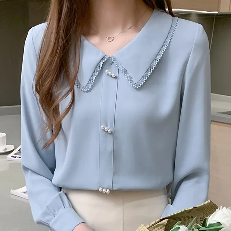 Autumn Long Sleeve Blouse Shirt Tops Blouse Women Blusas Mujer De Moda 2022 Blue Chiffon Women Blouses Blusa D8255