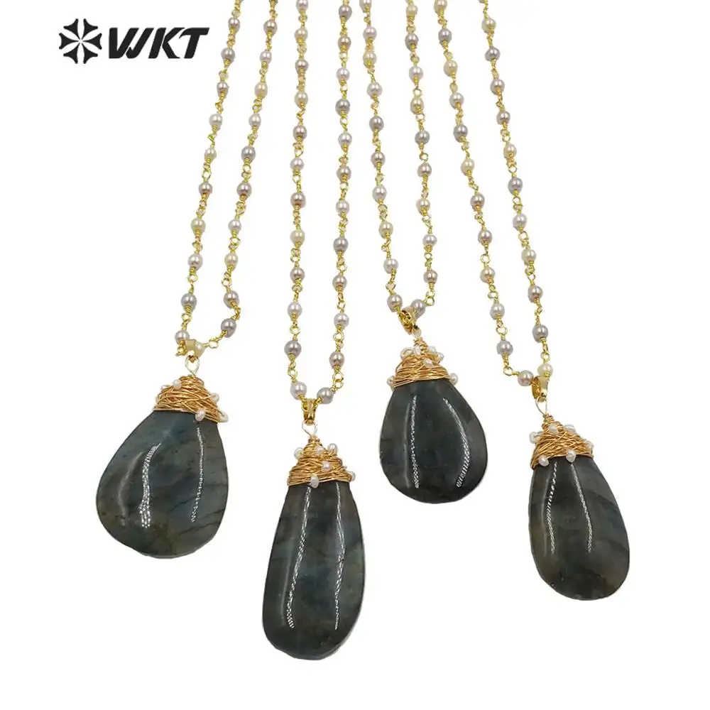 WT-N1216 Commercio All'ingrosso Labradorite Collana di Pietra Del Pendente Con Collana di Perle di Modo Della Signora Gioielli Labradorite Naturale Collana