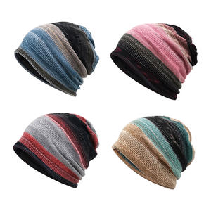 Unisex invierno cálido lento Beanie sombreros bufanda 2 maneras de usarlo algodón rayas pulóver sombrero al aire libre ciclismo esquí playa - Product Image 1