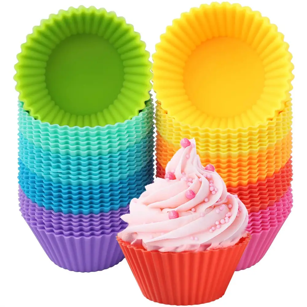 Lote de 12 vasos de silicona antiadherentes para cupcakes, multicolores, fáciles de limpiar, sin BPA, reutilizables, para hornear
