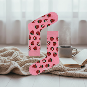 Unisex Pink Strawberry Pattern <b>Socks</b> Breathable and Lightweight Long Nylon Character Disposable for Daily Use or <b>Winter</b> Season - Product Image 3