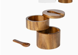 Salière en bois d'acacia simple ou double couche avec couvercle rotatif pour cuisine, conteneur de stockage d'épices et de poivre, outils de cuisine, compatible lave-vaisselle - Product Image 6