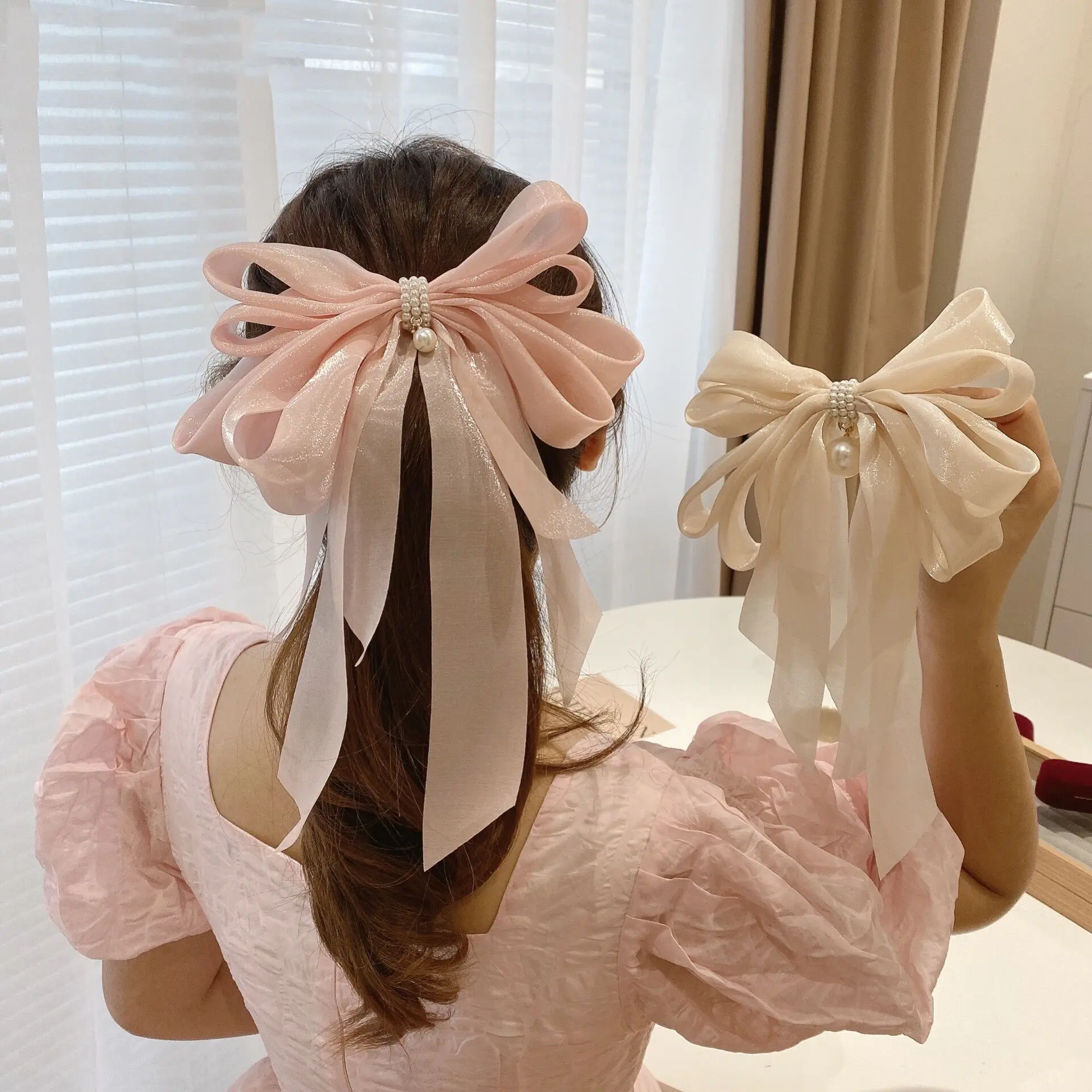 Elegante Organza Frühjahr Sommer Samt supergroßer Bogen-Haarschleife Perlenbogen-Haarspring-Clip