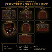 Coffret à bijoux vintage en bois avec décor floral, couvercle à charnières, poignée et fermoir pour le rangement de bijoux et de souvenirs