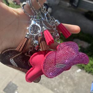 Crystal Colorful Bling Rhinestone Cow Pattern Cowboy Hat Tassel Heart Shape Rhinestone Bag Charm Key Chain