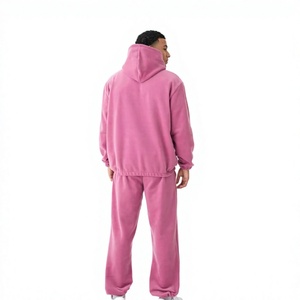 Men <b>Pink</b> Hooded Tracksuit Full Length Regular Fit Solid Casual Streetwear Breathable 100% Cotton Lightweight <b>Sweatshirt</b> Side - Product Image 3
