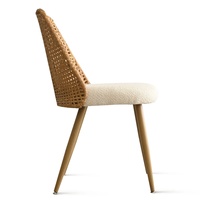 Ensemble de chaises de salle à manger en rotin pour l'extérieur, dossier tissé avec siège en coton et lin rembourré, pieds en métal en placage de chêne, rembourrage en éponge confortable